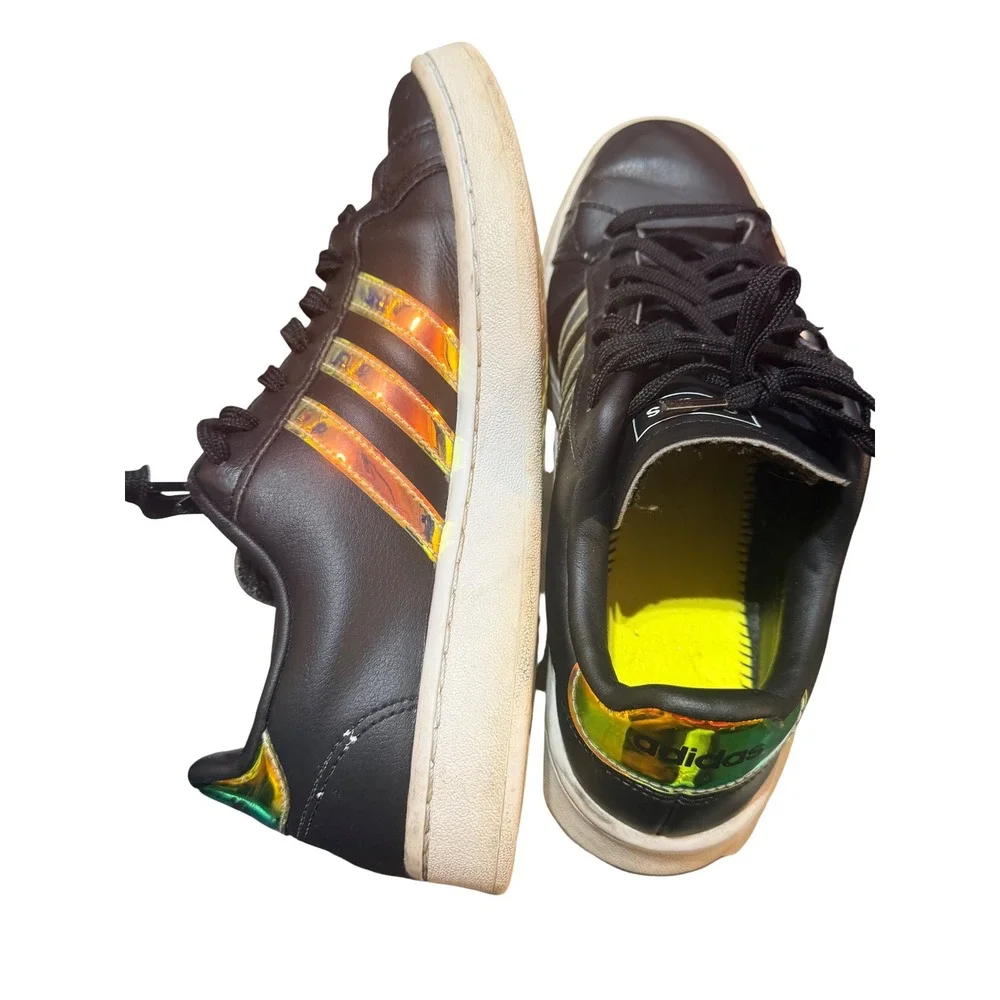 Adidas Grand Court Sneakers Womens 8 Black Leather Iridescent Holographic Y2K